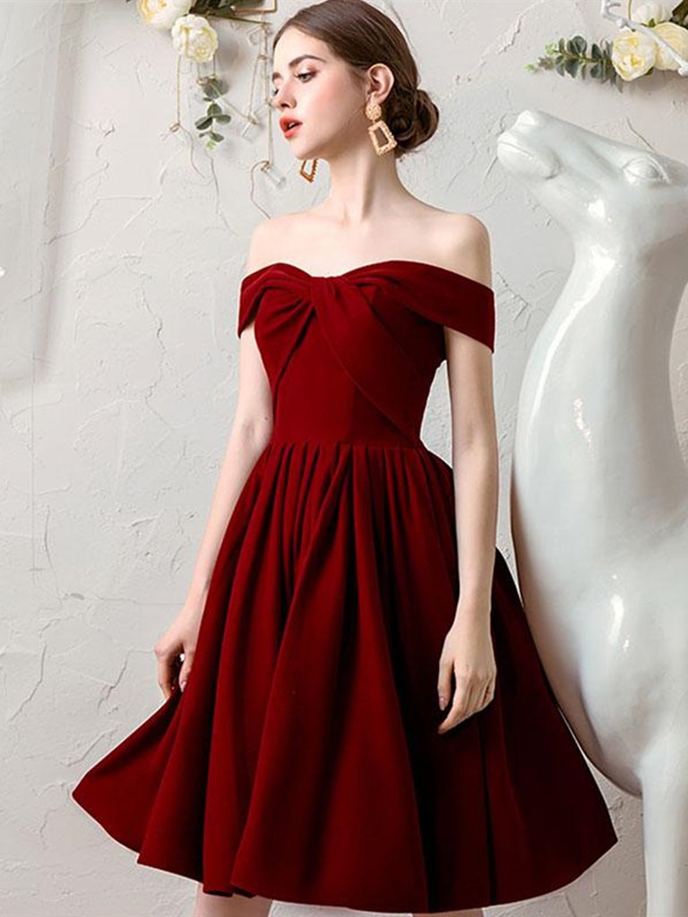 Wine Red  Off Shoulder Velvet Homecoming Dresses
