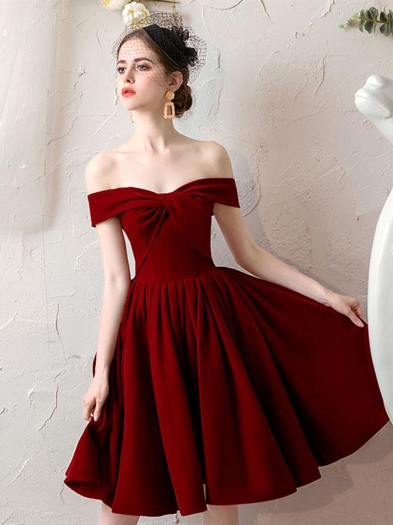 Wine Red  Off Shoulder Velvet Homecoming Dresses