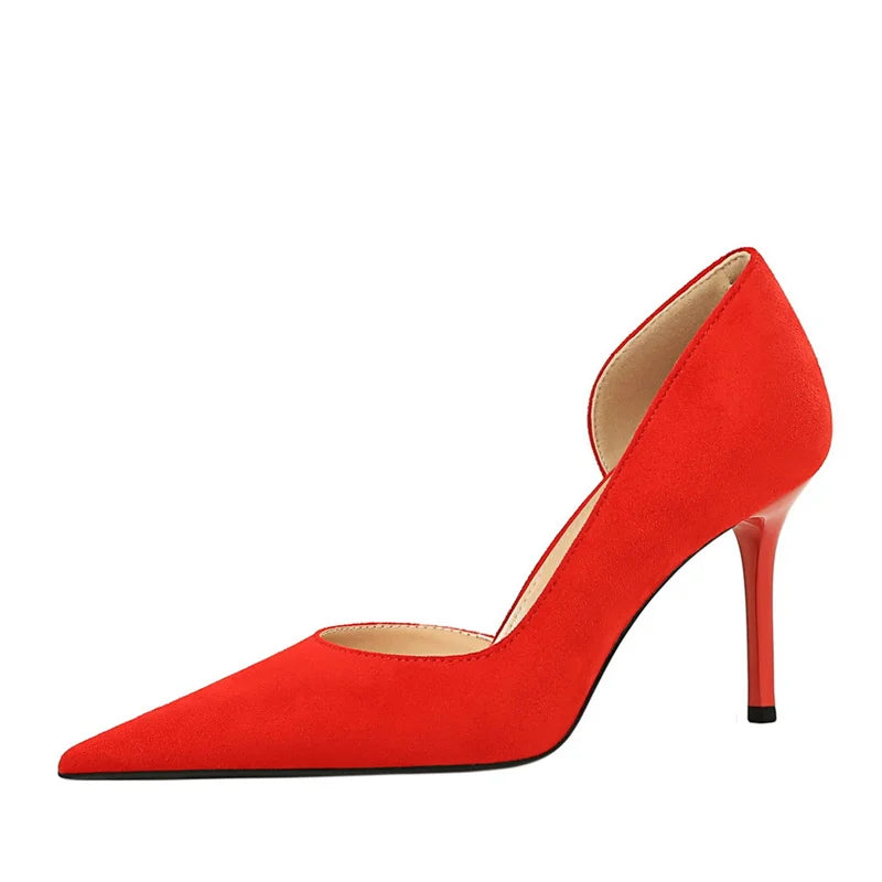 Office Suede Pumps Side Hollow High Heel Shoes Wedding Party Red Green Shallow Mouth Pointed Toe Stiletto