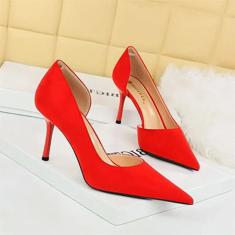 Office Suede Pumps Side Hollow High Heel Shoes Wedding Party Red Green Shallow Mouth Pointed Toe Stiletto