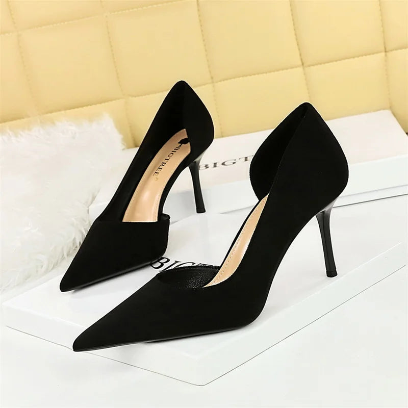 Office Suede Pumps Side Hollow High Heel Shoes Wedding Party Red Green Shallow Mouth Pointed Toe Stiletto
