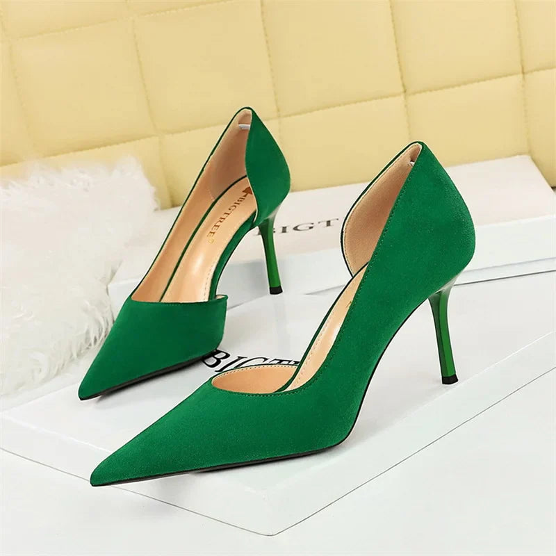 Office Suede Pumps Side Hollow High Heel Shoes Wedding Party Red Green Shallow Mouth Pointed Toe Stiletto