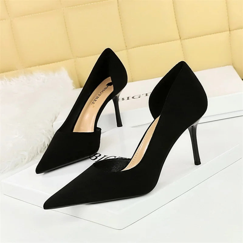 Office Suede Pumps Side Hollow High Heel Shoes Wedding Party Red Green Shallow Mouth Pointed Toe Stiletto