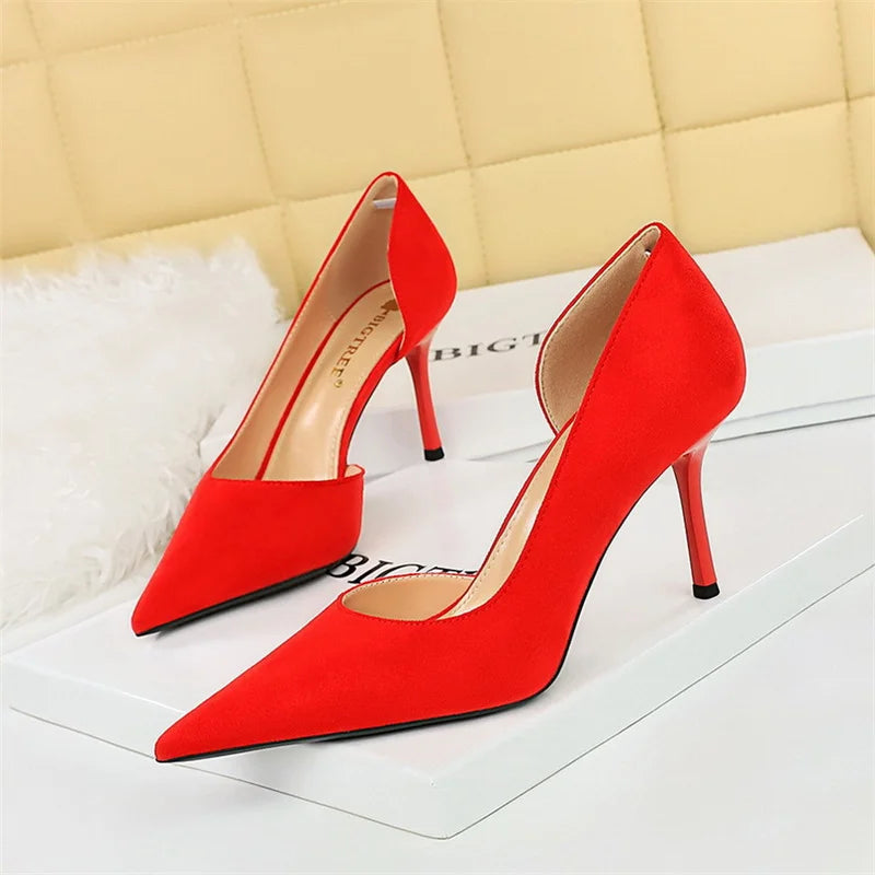 Office Suede Pumps Side Hollow High Heel Shoes Wedding Party Red Green Shallow Mouth Pointed Toe Stiletto