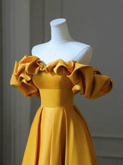 Vestido de fiesta de satén dorado con escote en forma de A y hombros descubiertos 