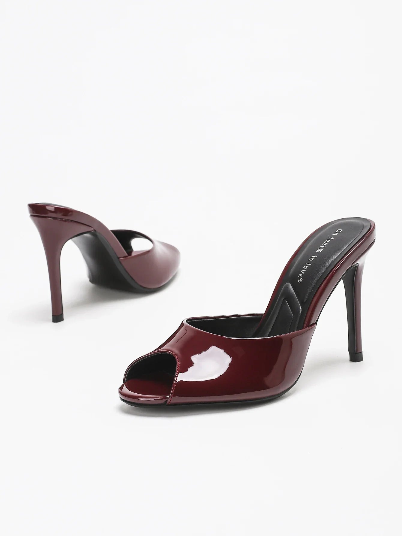 On Feet&In Love Patent Leather Peep Toe High Heel Mules Slip On Backless Stiletto Sandals
