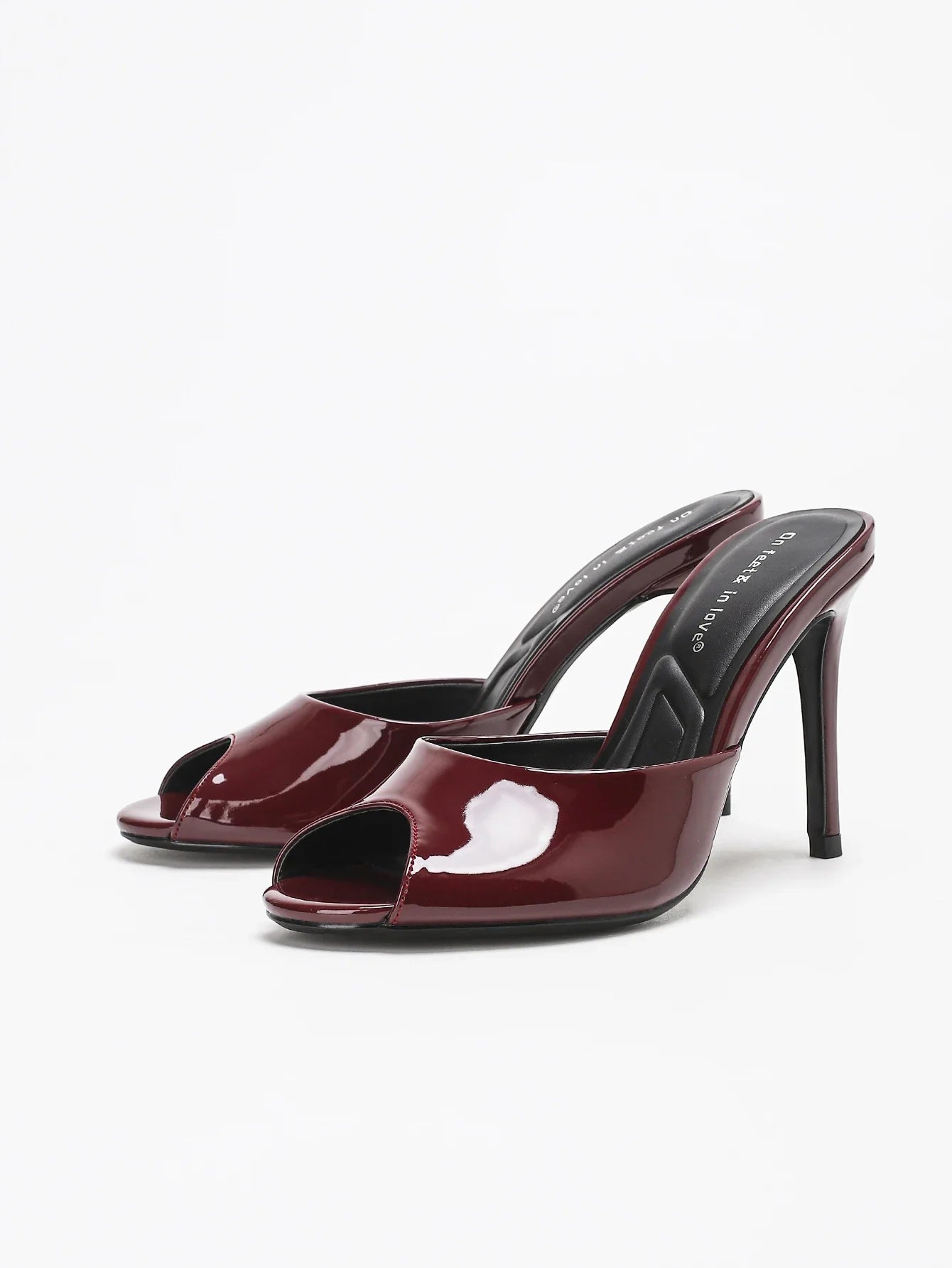 On Feet&In Love Patent Leather Peep Toe High Heel Mules Slip On Backless Stiletto Sandals