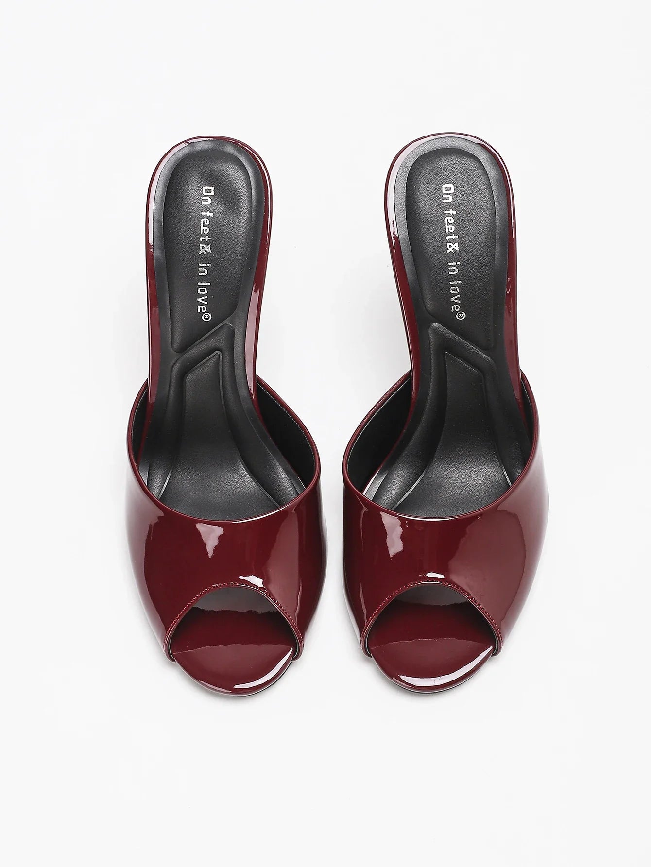 On Feet&In Love Patent Leather Peep Toe High Heel Mules Slip On Backless Stiletto Sandals