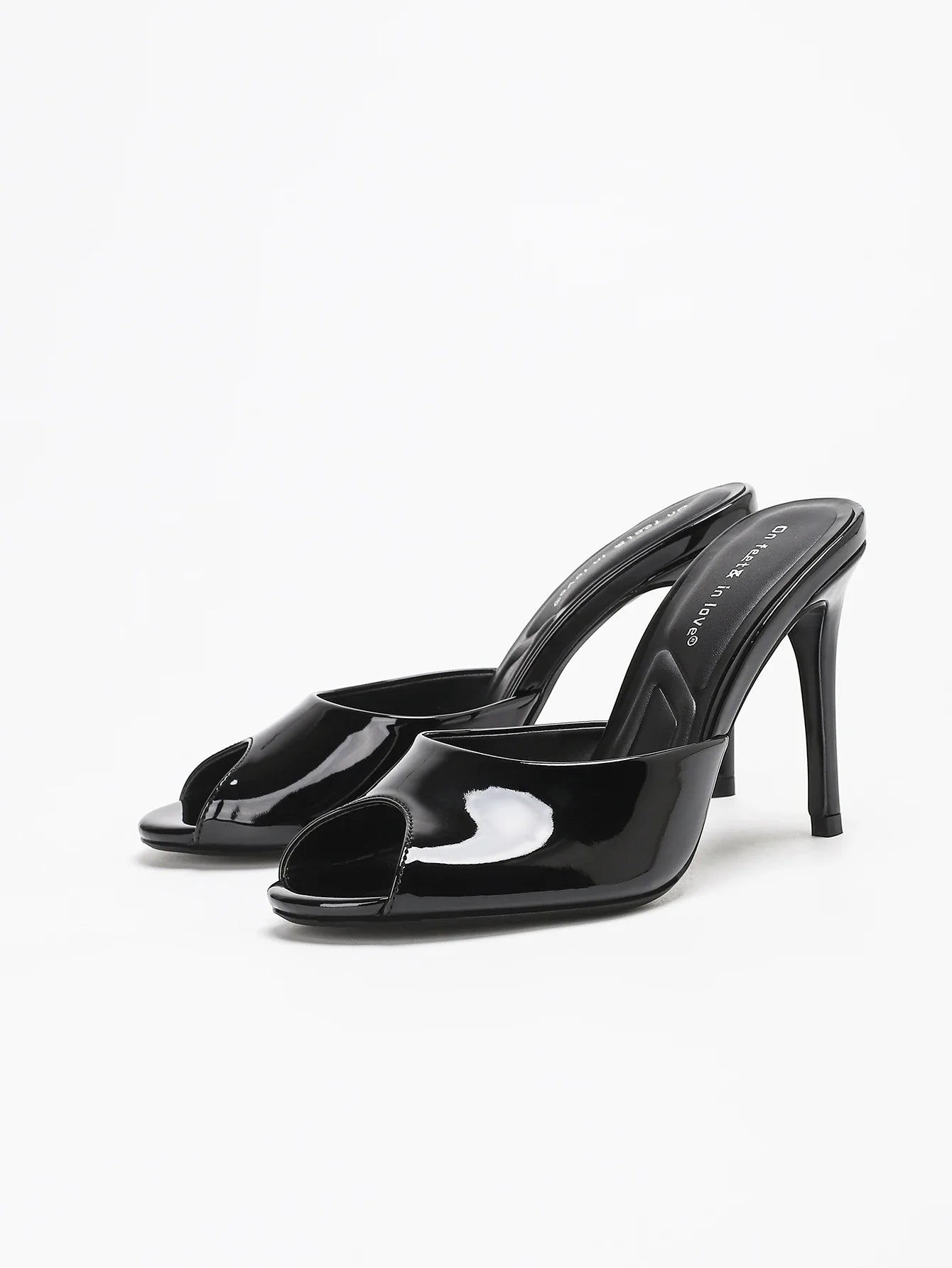On Feet&In Love Patent Leather Peep Toe High Heel Mules Slip On Backless Stiletto Sandals