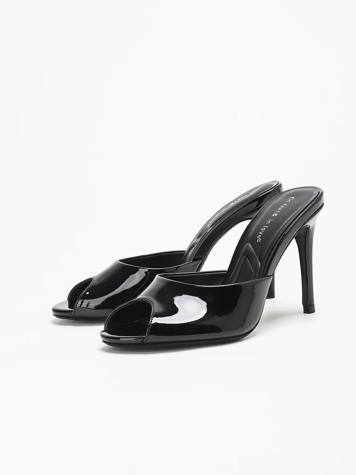 On Feet&In Love Patent Leather Peep Toe High Heel Mules Slip On Backless Stiletto Sandals