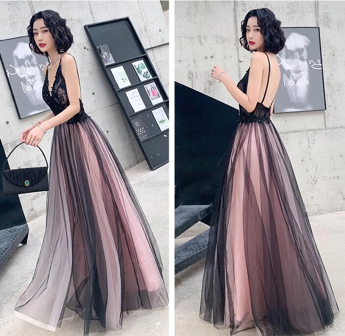 Vestidos formales largos de tul con encaje elegantes en rosa y negro 