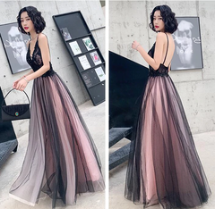 Vestidos formales largos de tul con encaje elegantes en rosa y negro 