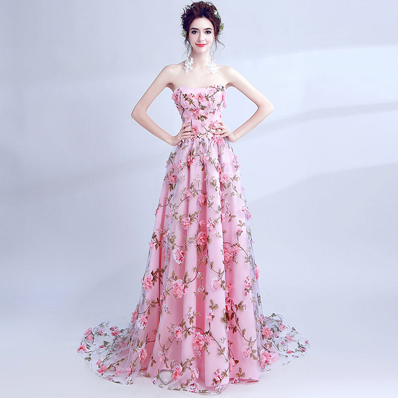 PinK Floral Sweetheart A-line Long Party Dress Formal Dress