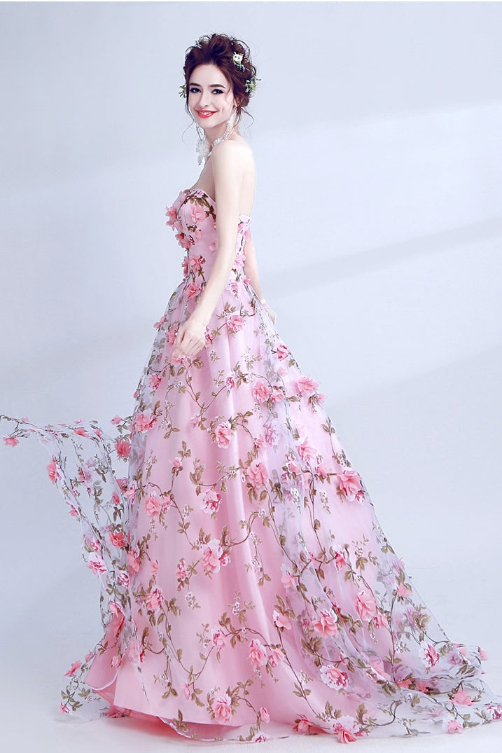 PinK Floral Sweetheart A-line Long Party Dress Formal Dress