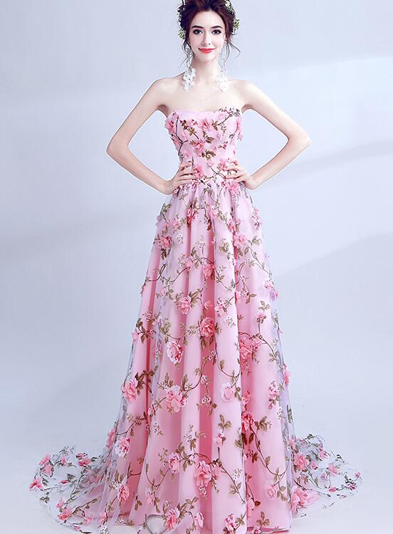 Vestido de fiesta largo con flores rosas, escote en A y cordones 
