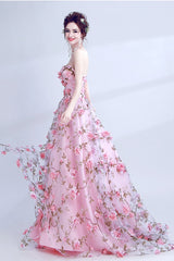 Vestido de fiesta largo con flores rosas, escote en A y cordones 