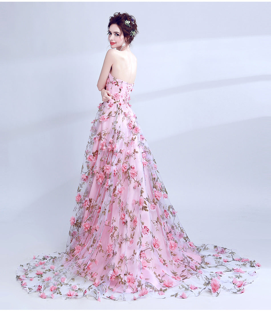 Vestido de fiesta largo con flores rosas, escote en A y cordones 