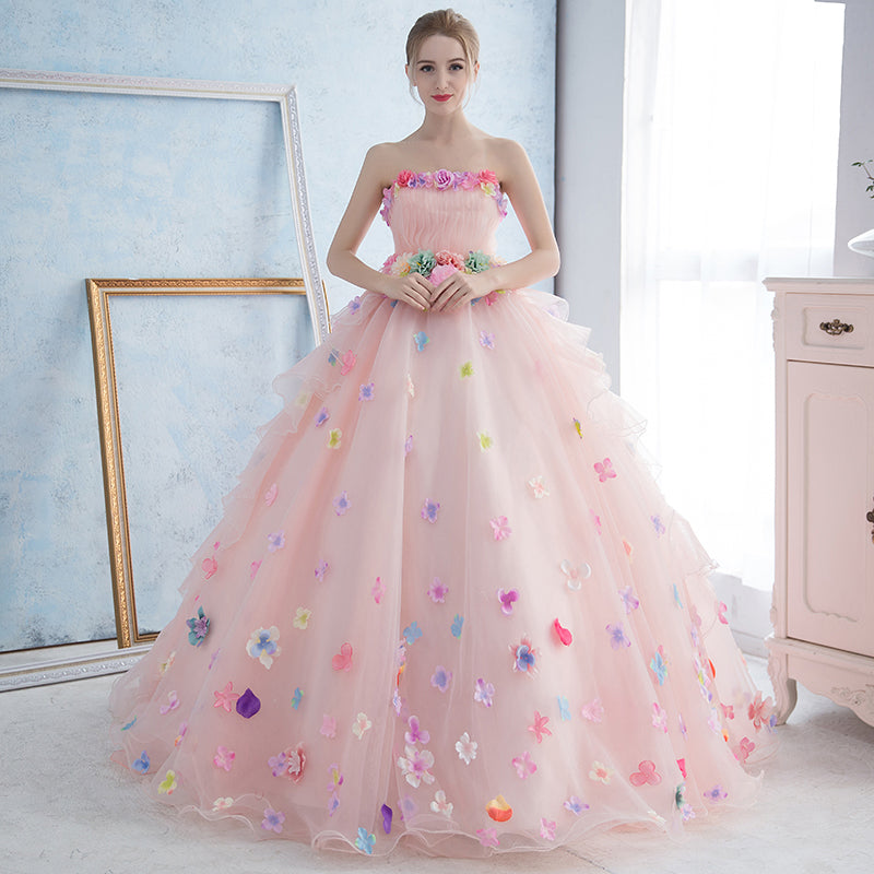 Vestido de fiesta de quinceañera con organza y flores rosas 