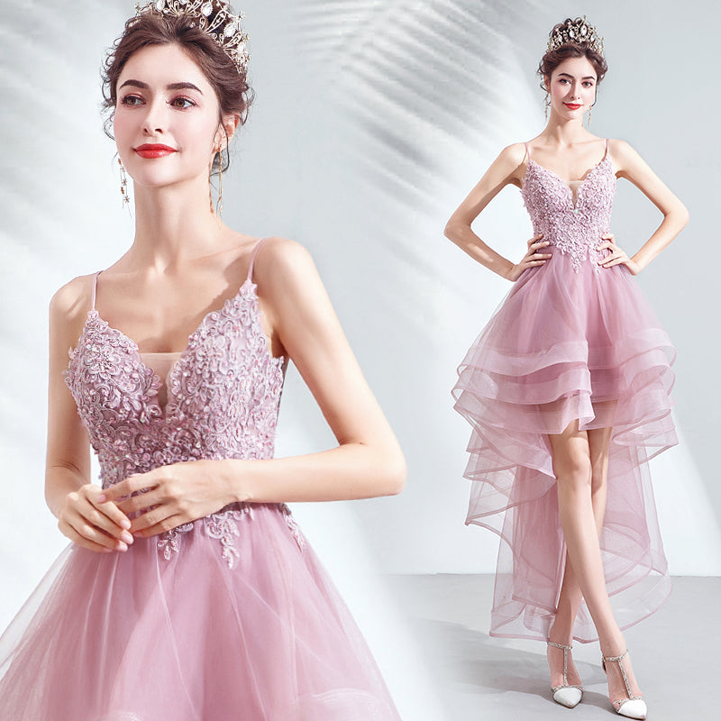 Pink Straps High Low V-neckline Tulle Lace and Beaded Prom Dress