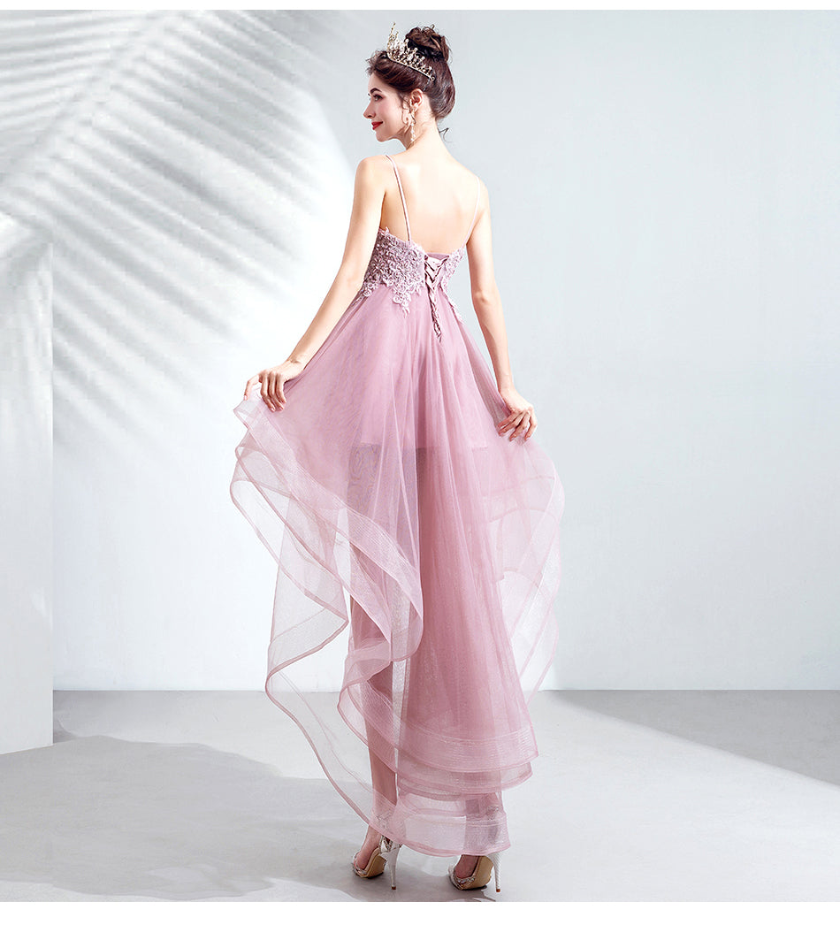 Pink Straps High Low V-neckline Tulle Lace and Beaded Prom Dress
