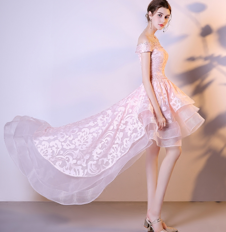 Pink Stylish High Low Lace and Organza Homecoming Dress