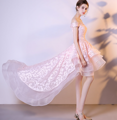 Pink Stylish High Low Lace and Organza Homecoming Dress