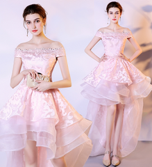 Pink Stylish High Low Lace and Organza Homecoming Dress