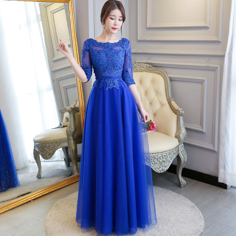 Blue Lace and Tulle 1/2 Sleeves Long A-line Bridesmaid Dress