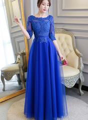 Blue Lace and Tulle 1/2 Sleeves Long A-line Bridesmaid Dress
