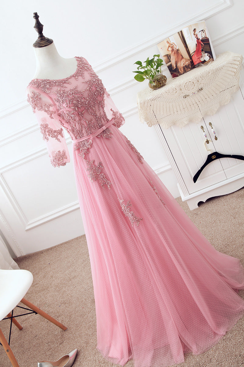 Pink Tulle Elegant Party Dress with Lace