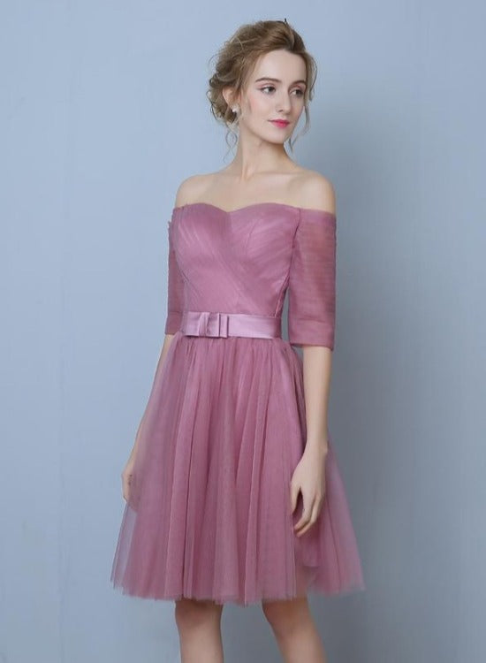 Pink Tulle Short Sleeves Short Bridesmaid Dresses