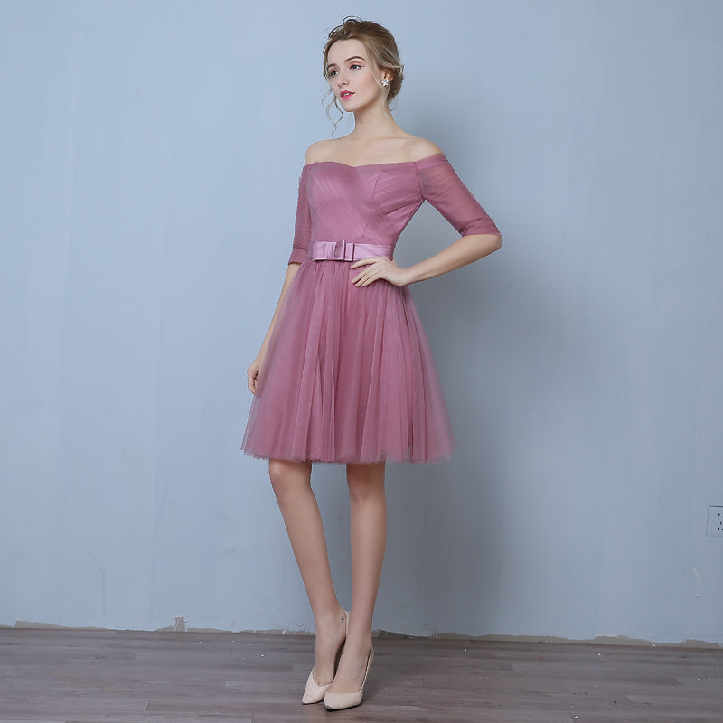Pink Tulle Short Sleeves Short Bridesmaid Dresses