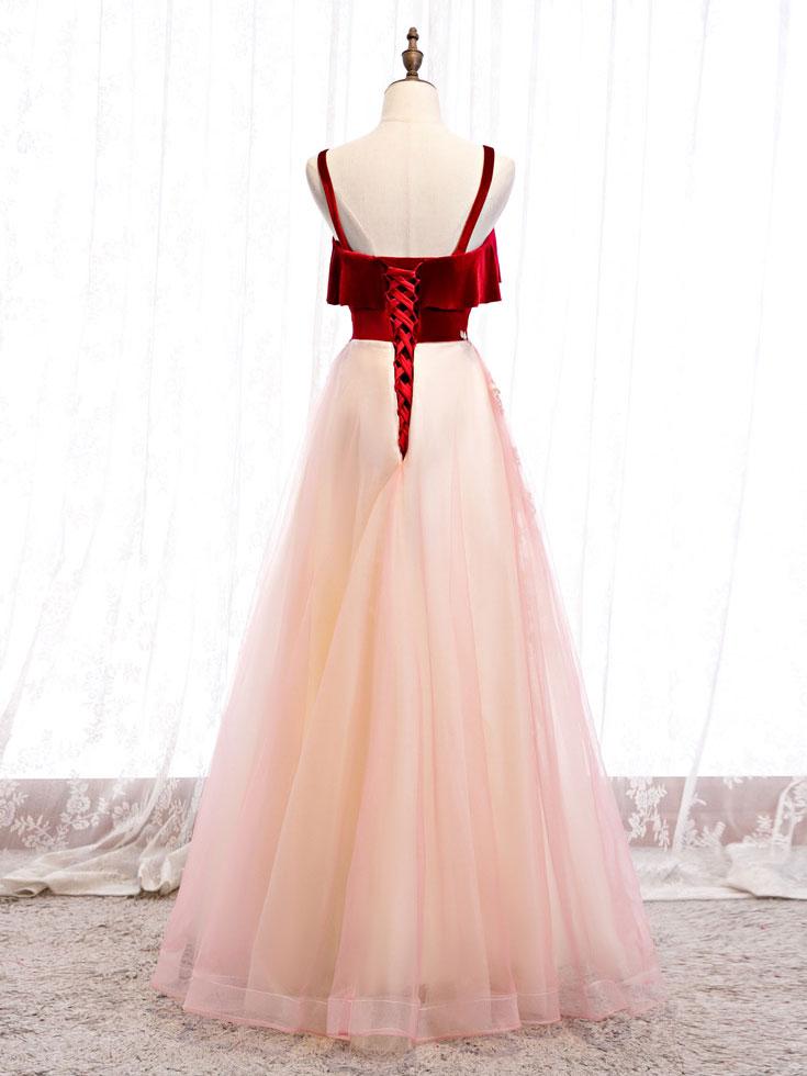 Pink Tulle and Velvet Long Lace Applique Straps Floor Length Party Dress