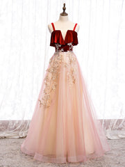 Pink Tulle and Velvet Long Lace Applique Straps Floor Length Party Dress