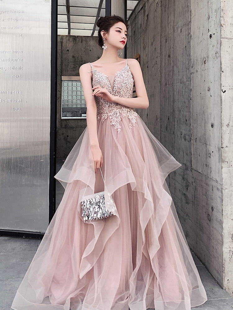 Pink Layers Tulle V-neckline Straps Prom Dress