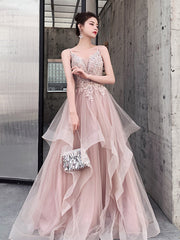 Pink Layers Tulle V-neckline Straps Prom Dress