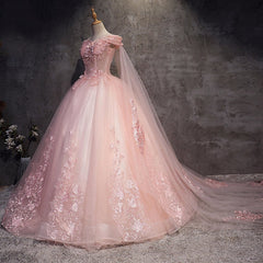 Vestido de fiesta largo de tul rosa con apliques de encaje para dulces 16 