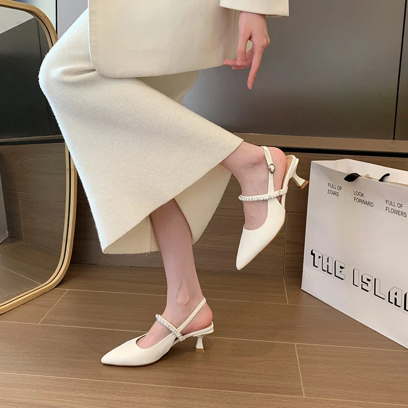 Pointed Toe Slingback Pumps With Pearl Rhinestone Strap Kitten Heel Black White Colors Wedding Party Daily Office Wear