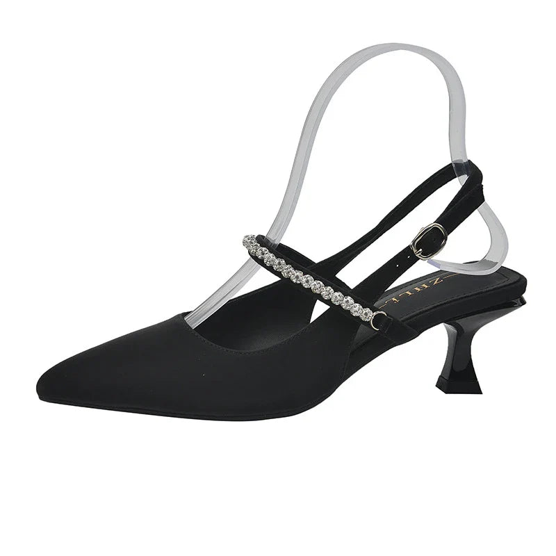 Pointed Toe Slingback Pumps With Pearl Rhinestone Strap Kitten Heel Black White Colors Wedding Party Daily Office Wear
