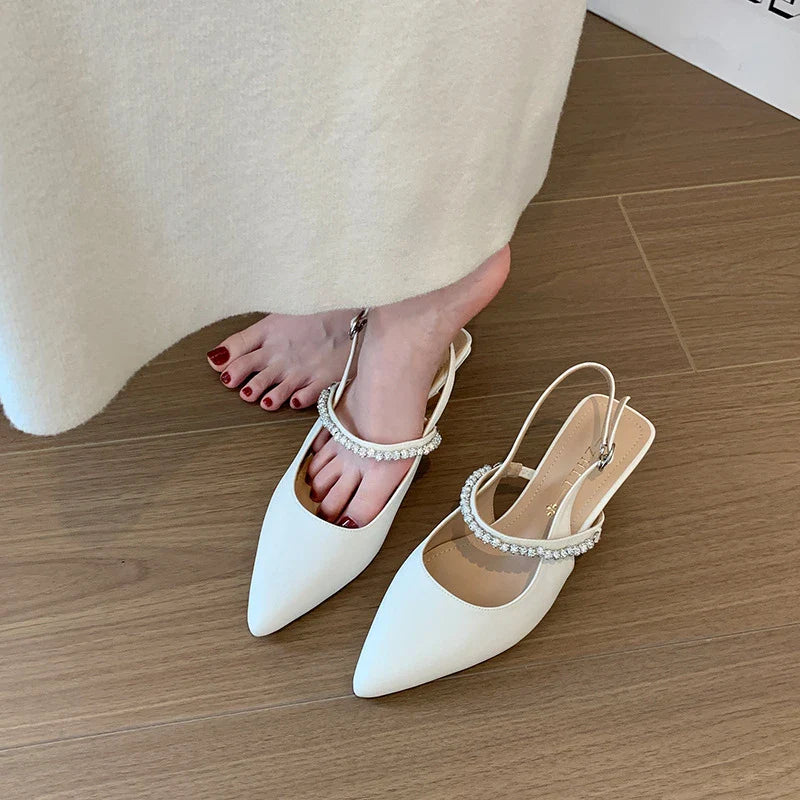 Pointed Toe Slingback Pumps With Pearl Rhinestone Strap Kitten Heel Black White Colors Wedding Party Daily Office Wear