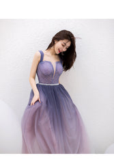 Purple Gradient Beaded Tulle Long Chich Party Dress