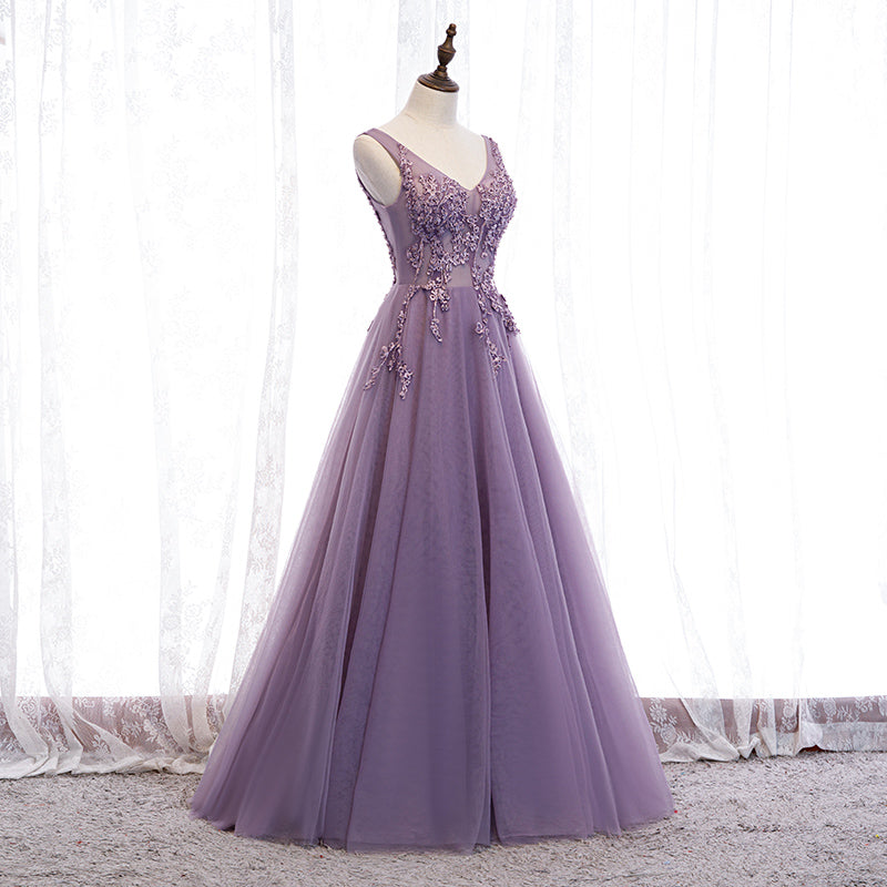 Purple V-neckline Tulle with Lace Floor Length Party Dress Evening Dress,Purple Prom Dress