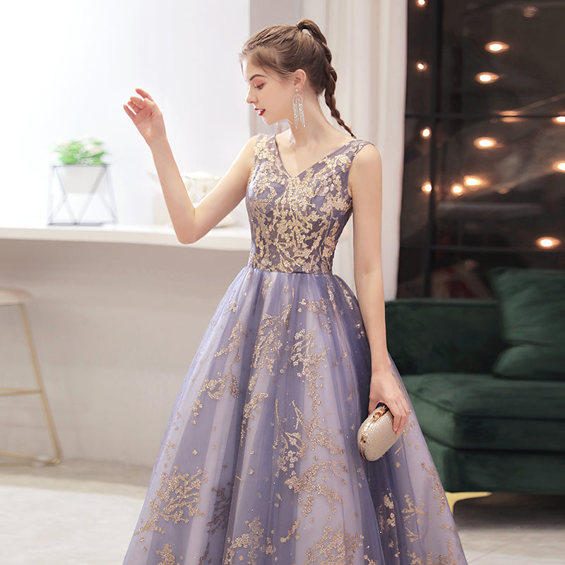 Purple V-neckline with Gold Lace Applique Tulle Prom Dress