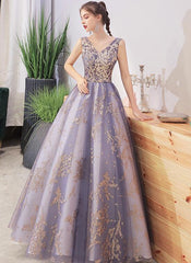 Purple V-neckline with Gold Lace Applique Tulle Prom Dress