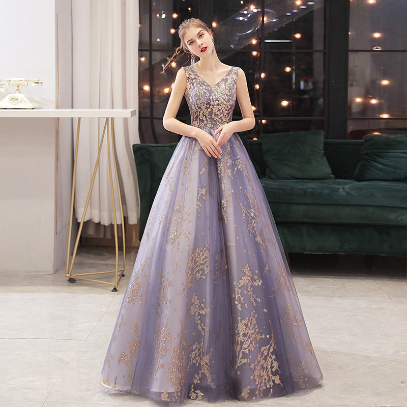 Purple V-neckline with Gold Lace Applique Tulle Prom Dress