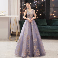 Purple V-neckline with Gold Lace Applique Tulle Prom Dress