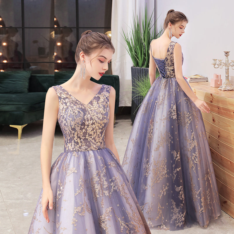 Purple V-neckline with Gold Lace Applique Tulle Prom Dress