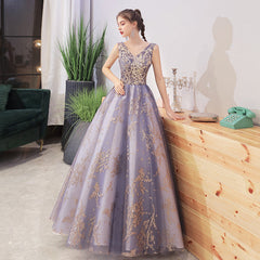 Purple V-neckline with Gold Lace Applique Tulle Prom Dress