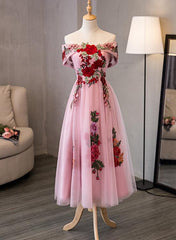 Lovely Pink Off Shoulder Tea Length Formal Dress