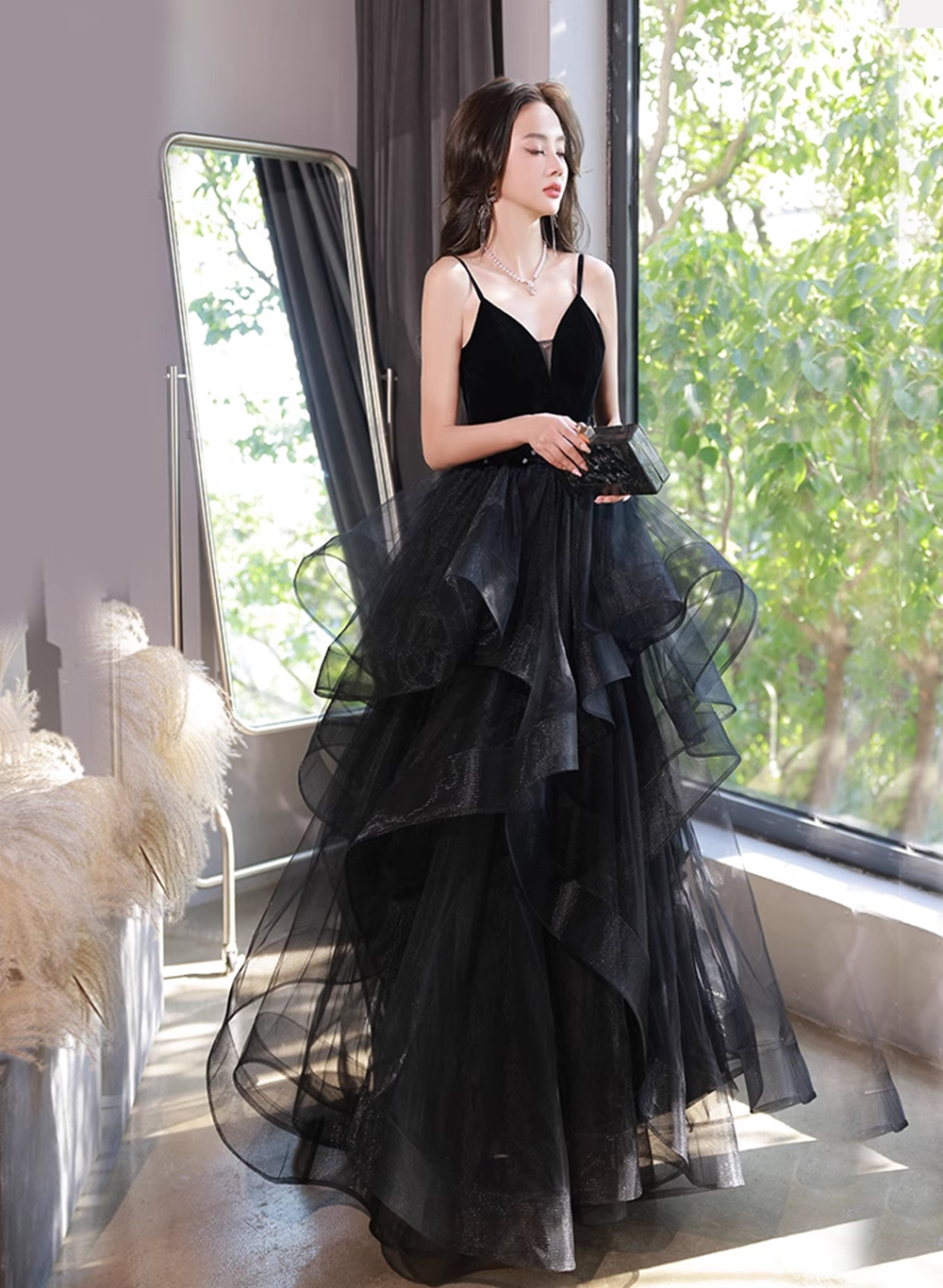 Black Tulle Straps V-neckline Beaded Long Formal Dress